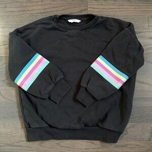 Black Crewneck Sweater with Blue Striped Sleeves